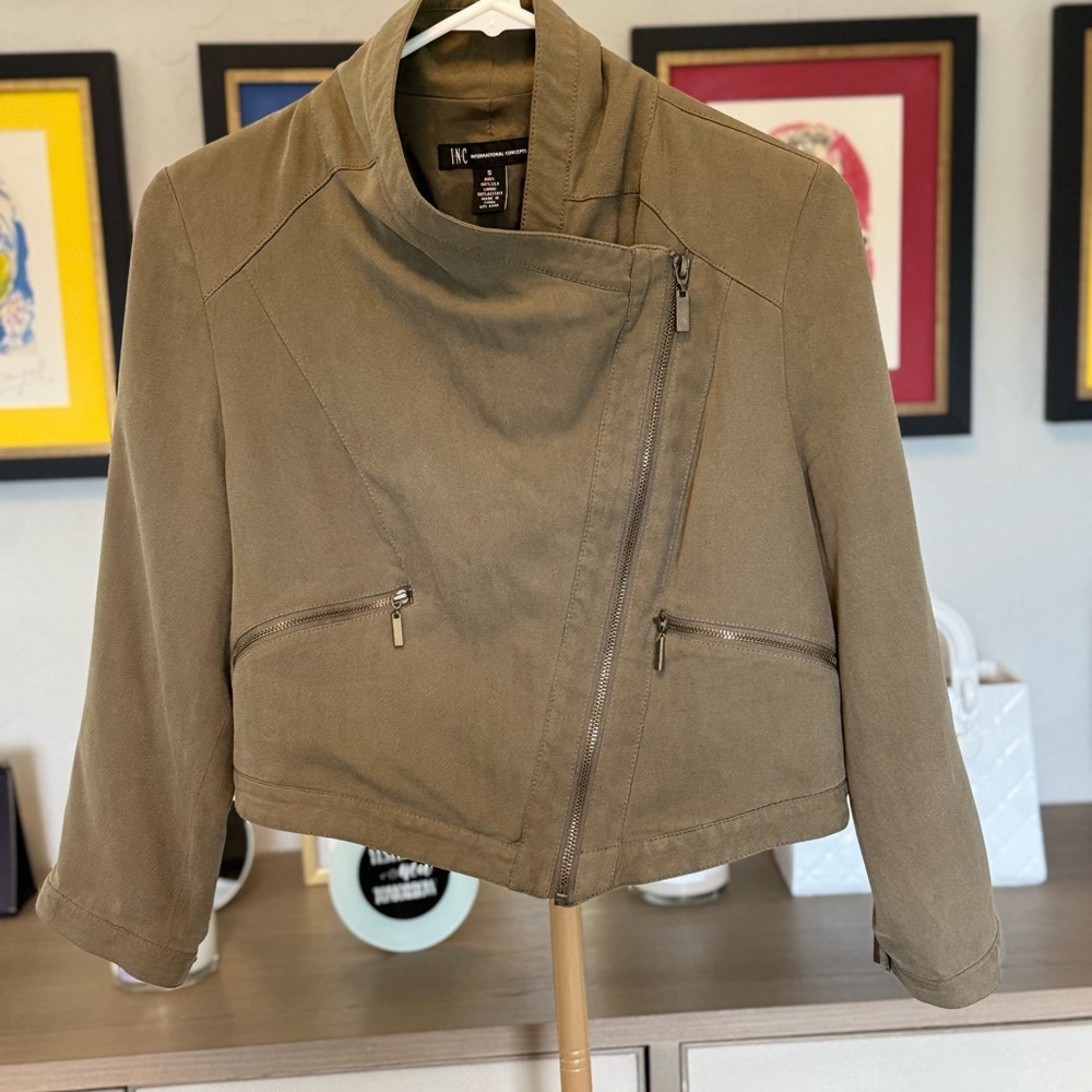 INC International Concepts Olive Green Short Lightweight Silk Lined Jacket Small